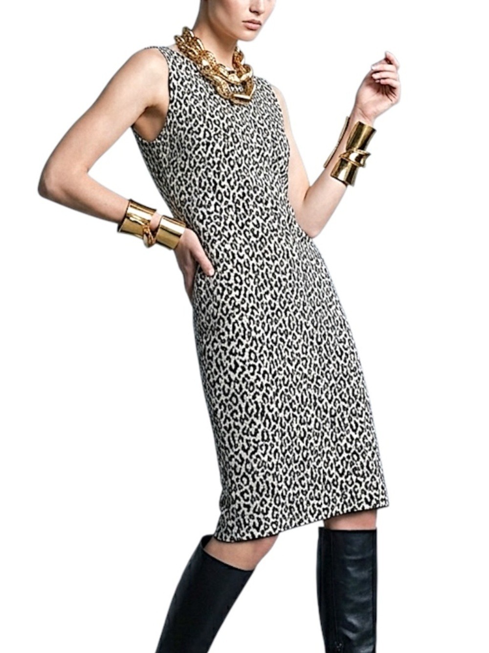 Mob Wife black white animal print stretch knit boat neck sleeveless dress